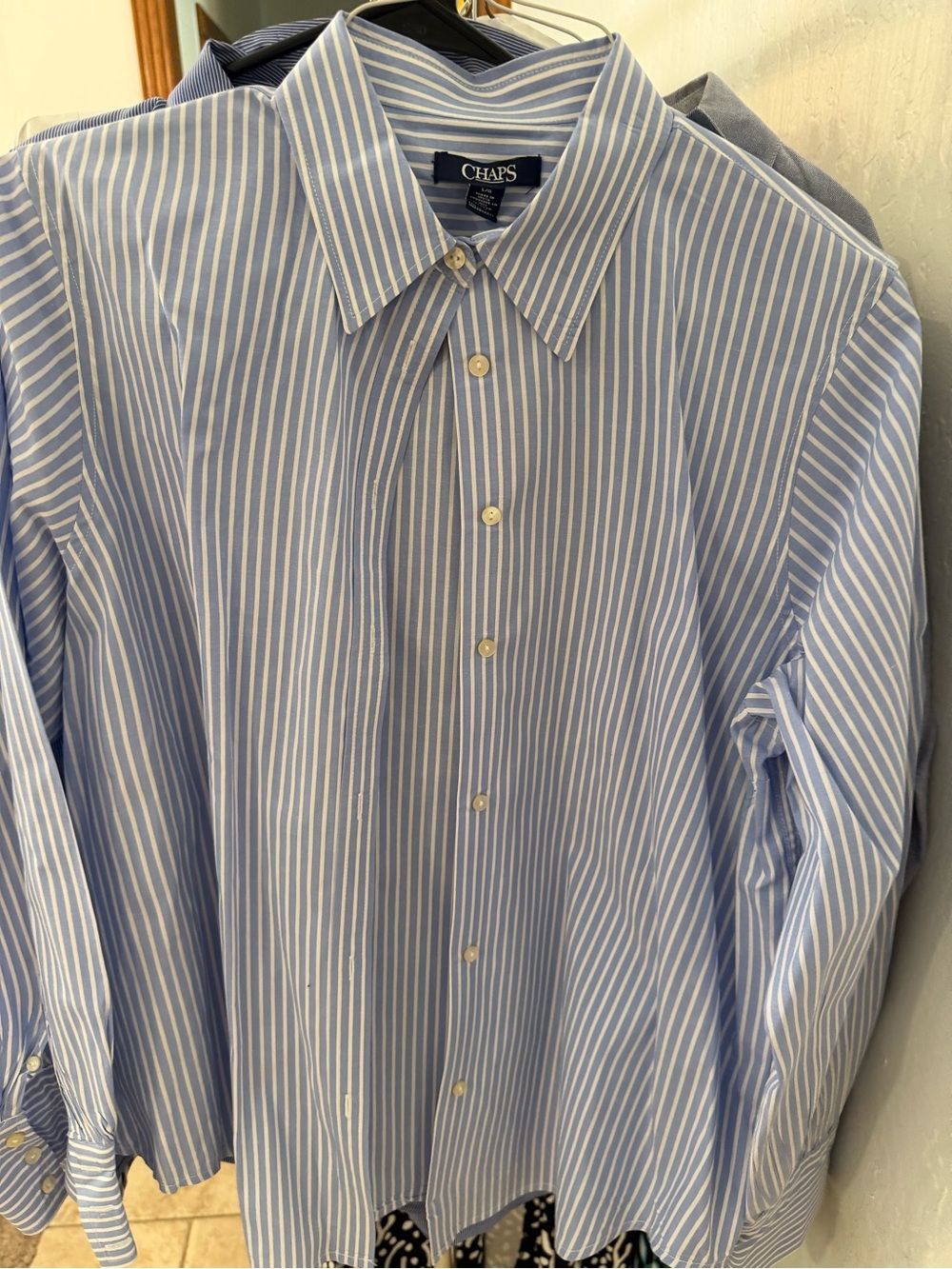 Chaps Men's Light Blue and White Striped Dress Shirt
